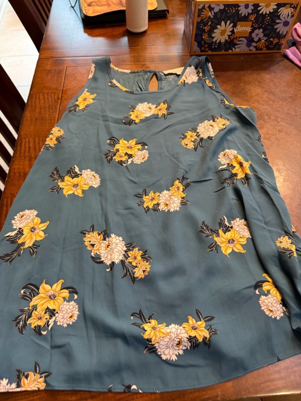Loft Teal Floral Sleeveless Tank with Yellow Blooms
